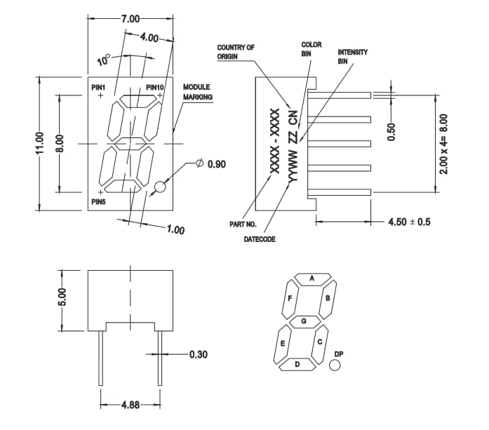 Technische Zeichnung - Broadcom HDSP-2xxx Ultra-Mini-Siebensegment-Displays